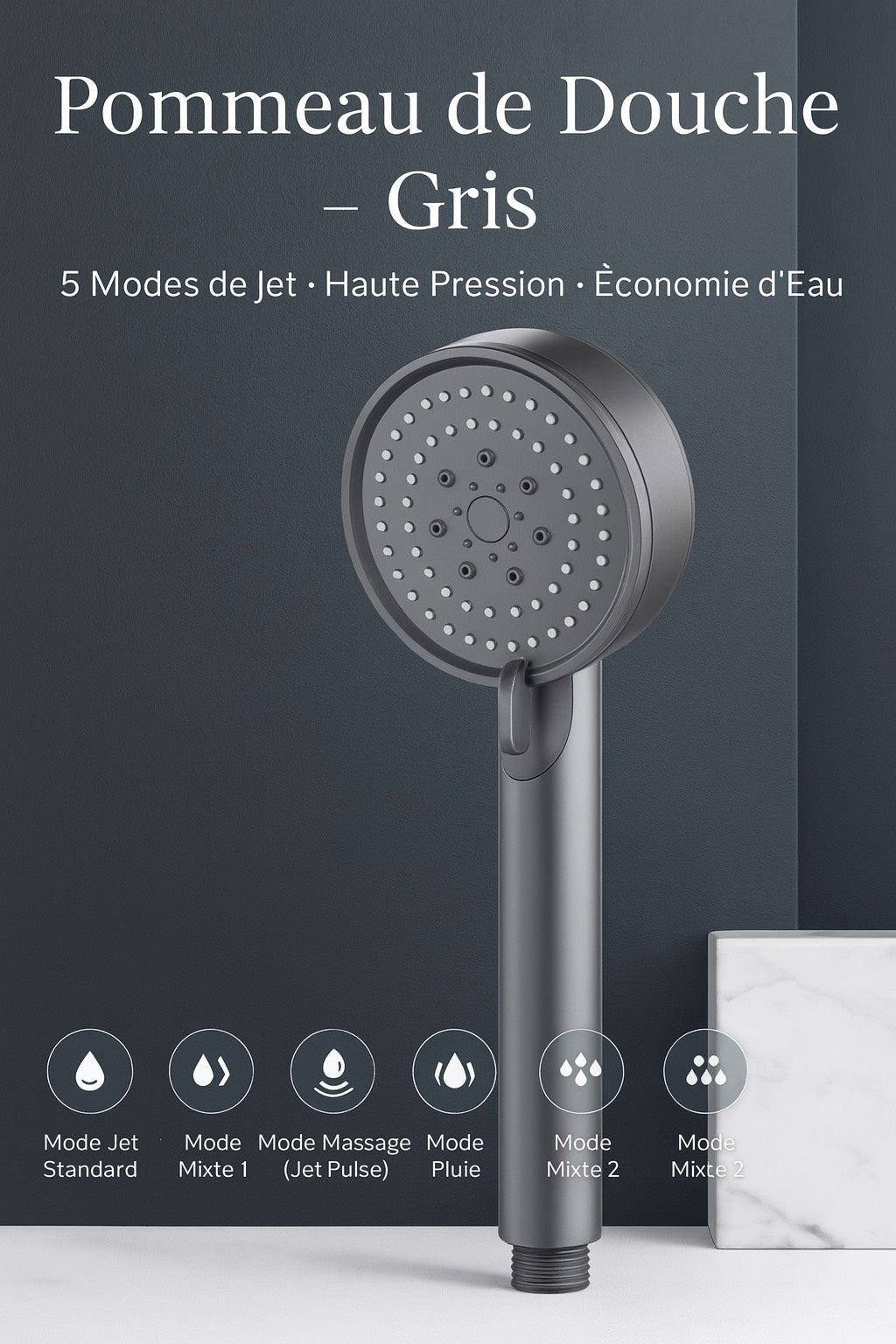 Hydro zen Pommeau de douche haute pression 5 modes – Filtration minérale intégrée.