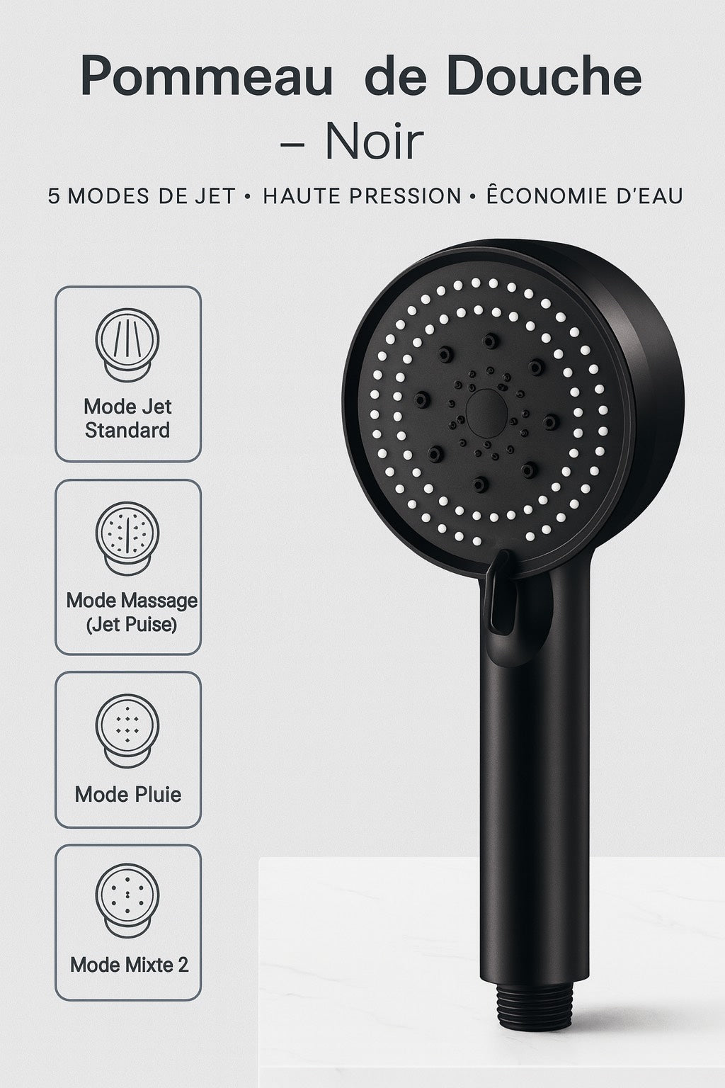 Hydro zen Pommeau de douche haute pression 5 modes – Filtration minérale intégrée.